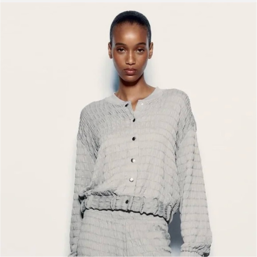 Zara Gray Textured Weave Bomber Jacket
